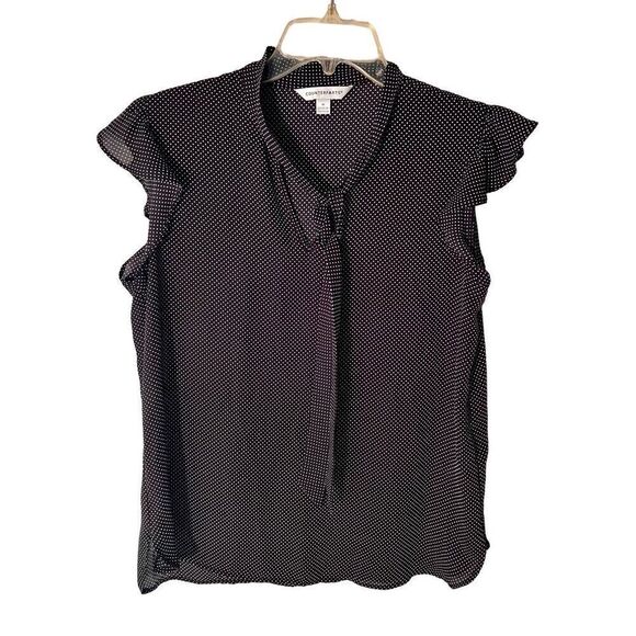 Counterparts Black White Polka Dot Blouse Top W Short Flutter Sleeve &Tie Size M - Picture 1 of 6